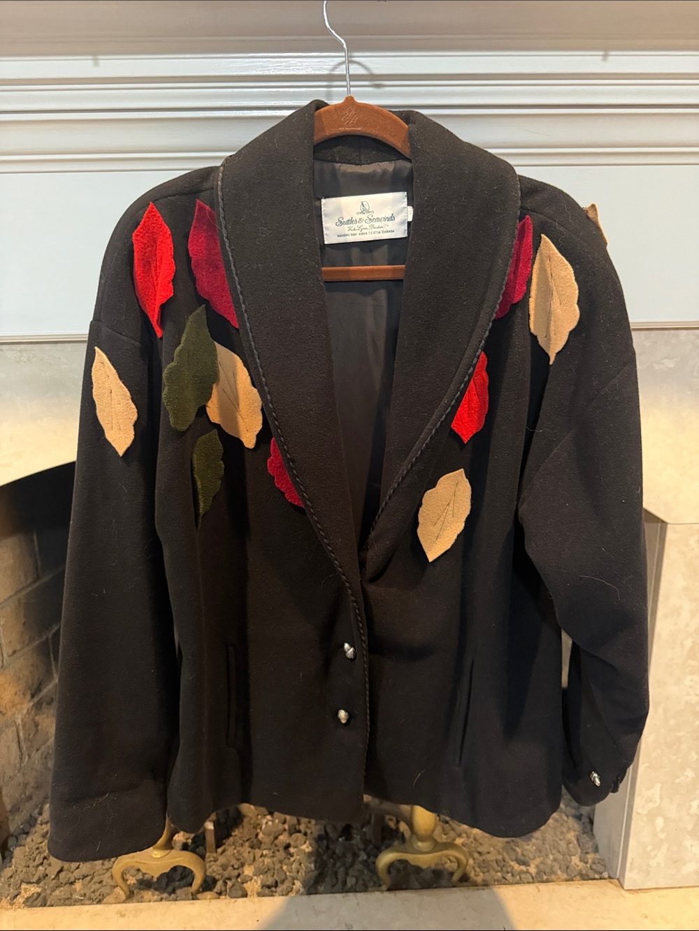 Black Wool Blend Coat with Multicolor Leaf Appliqués and Acorn Buttons size XL